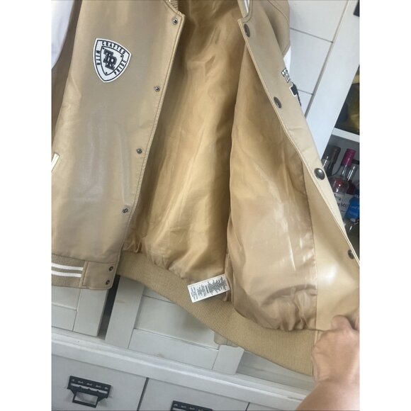 True Religion Varsity Patch Bomber Jacket Men Two Tone Beige/White SIZE Medium - Picture 9 of 13